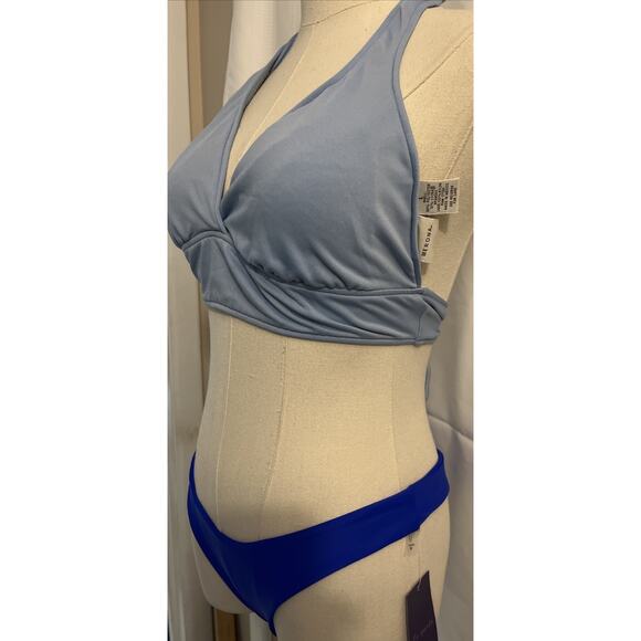 Sexy Bikini Set Light Blue Halter V-Neck Top Size L & Dark Blue Thong Bottom M - Picture 2 of 13